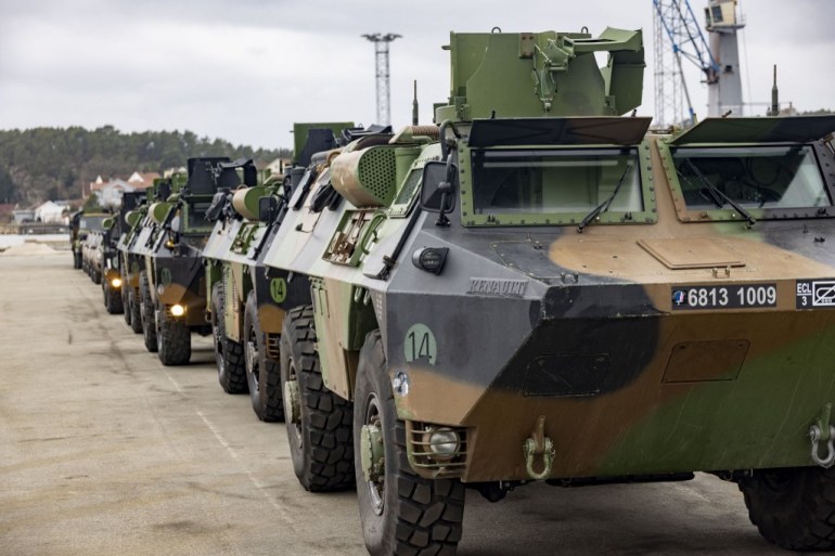Armoured vehicles of NATO's rapid reaction force brigade in Norway for the military exercise Cold Response 22 arrive at Borg Havn in Fredrikstad, Norway