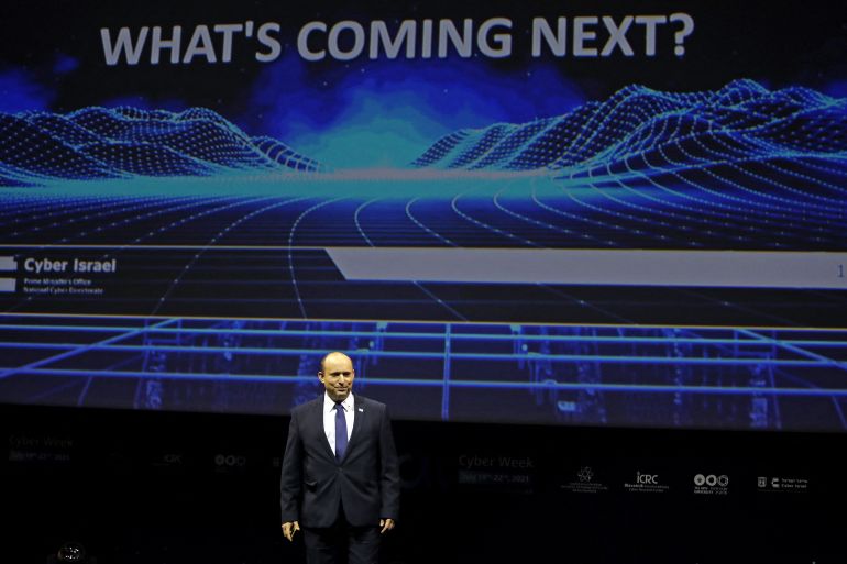 Israeli prime minister Naftali Bennett speaks during the Cyber Week event at the Tel Aviv university