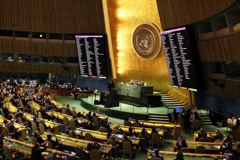 Members of the UN General Assembly vote on a resolution during a special session of the General Assembly