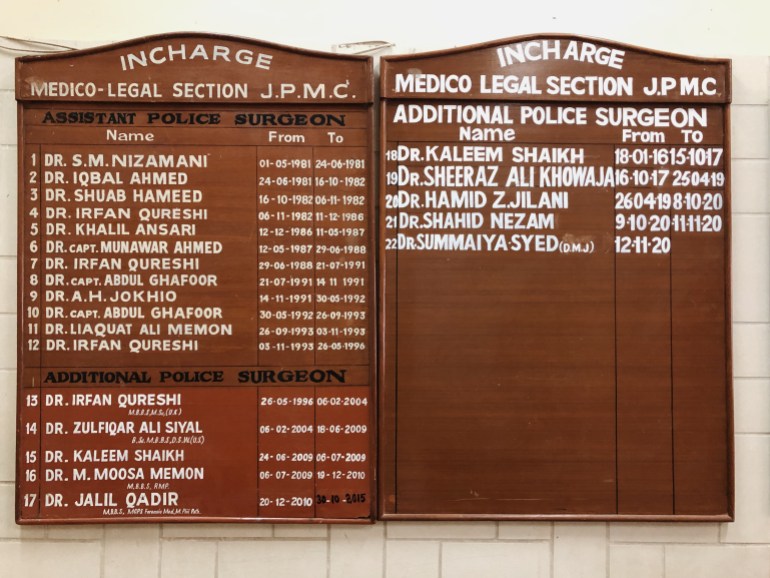 A photo of a sign with a list of names of additional police surgeons