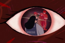 Illustration by JC of an eye with a reflection in it of a woman wearing a protective vest with Press written on it. The woman is facing soldiers detaining a person.