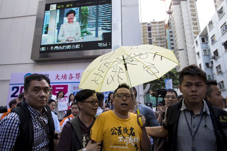 Hong Kong pro-democracy activist Tam Tak-chi in a protest