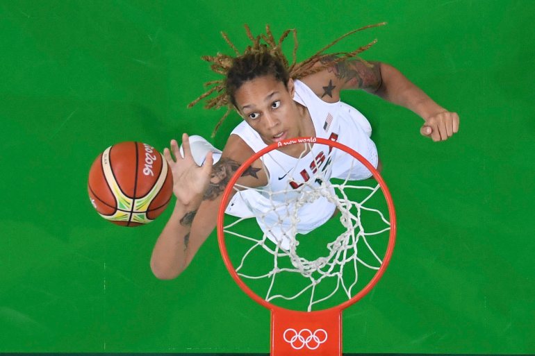 Brittney Griner of USA competes in the 2016 Rio Olympics with a layup shot.