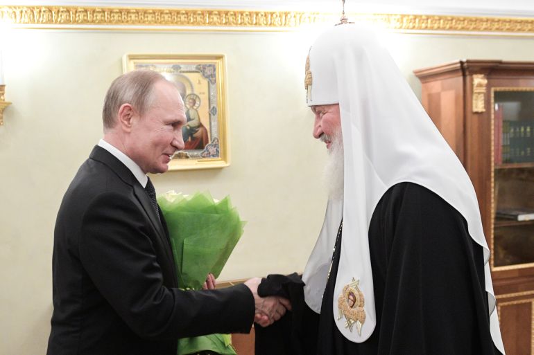 Russian President Vladimir Putin congratulates Patriarch Kirill of Moscow and All Russia in Moscow, Russia.