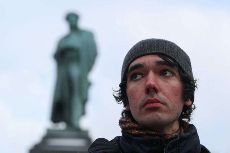Climate activist Arshak Makichyan takes part in a single-person demonstration in central Moscow, Russia