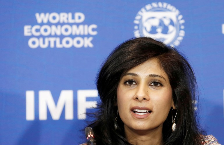 Gita Gopinath speaks during a news conference in Santiago, Chile, July 23, 2019. 