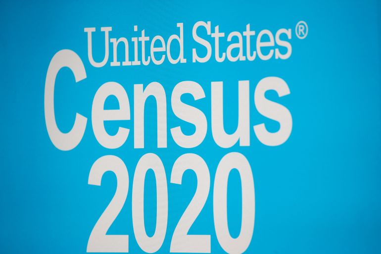 A sign is seen during a promotional event for the U.S. Census in Times Square in New York City.