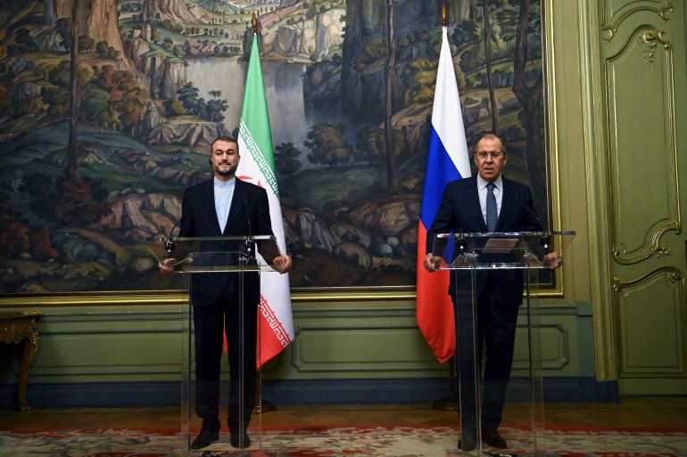 Russian Foreign Minister Sergei Lavrov and his Iranian counterpart Hossein Amir-Abdollahian hold a joint news conference following their meeting, in Moscow