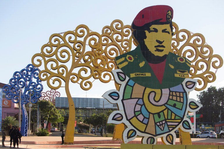 A cut-out of late Venezuelan president Hugo Chavez is pictured on the Hugo Chavez roundabout, ahead of Nicaragua President Daniel Ortega's swearing-in ceremony after being re-elected for a fourth consecutive term, in Managua, Nicaragua.