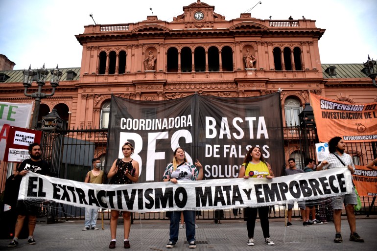 Demonstrators protest against oil and gas exploration in Buenos Aires, Argentina