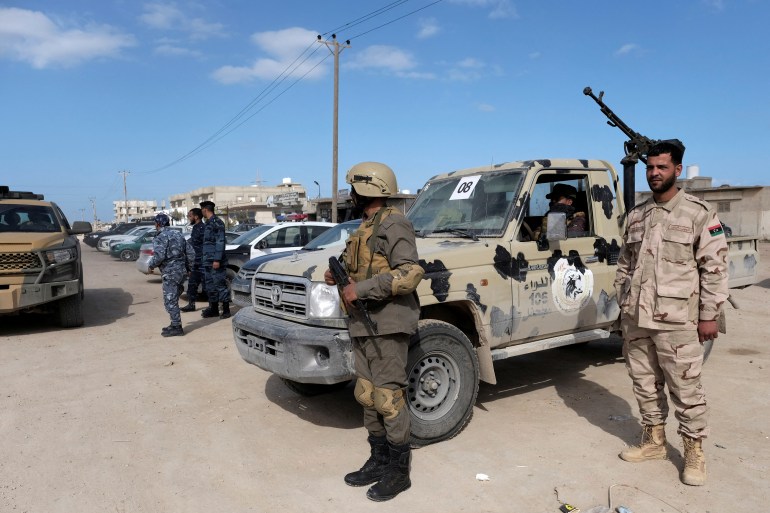 Security forces stand guard outside the Parliament building, in Tobruk, Libya, February 10, 2022 REUTERS/Esam Omran Al-Fetori