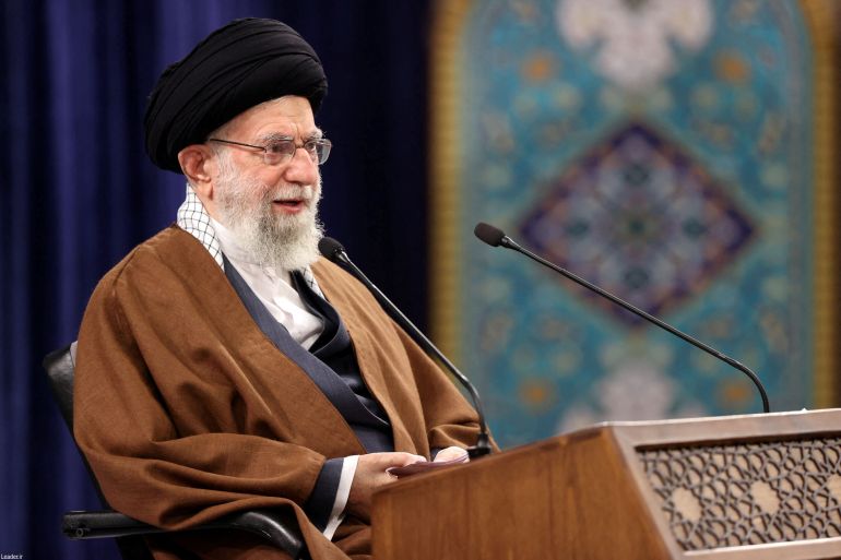 Iranian Supreme Leader Ayatollah Ali Khamenei speaks during a meeting
