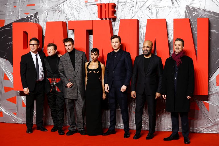 Producer Dylan Clark, cast members Andy Serkis, Robert Pattinson, Zoe Kravitz, Paul Dano and Jeffrey Wright, and director Matt Reeves arrive at the London launch of 'The Batman', in London, Britain, February 23, 2022