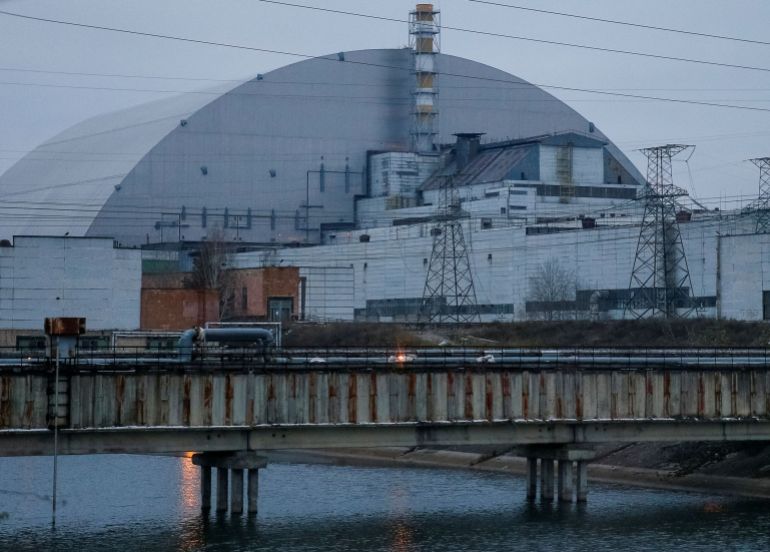A general view shows the New Safe Security (NSC) structure on the old coffin covering the damaged fourth reactor at the Chernobyl Nuclear Power Plant, in Chernobyl, Ukraine