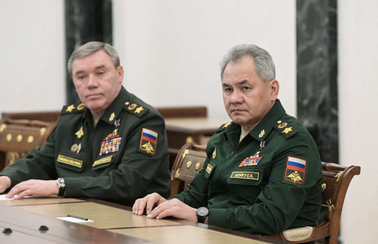 Russian Defence Minister Sergei Shoigu and Chief of the General Staff of Russian Armed Forces Valery Gerasimov attend a meeting with Russian President Vladimir Putin in Moscow, Russia 