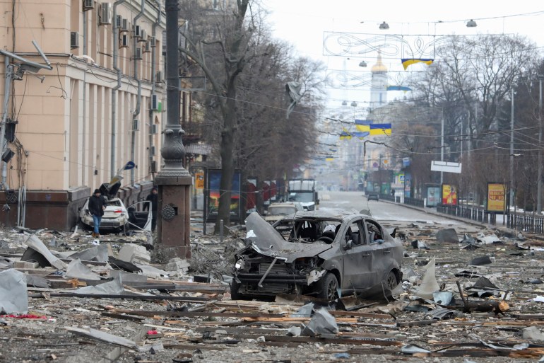 A view shows the area near the regional administration building, which city officials said was hit by a missile attack, in central Kharkiv,