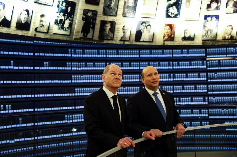 German Chancellor Olaf Scholz and Israeli Prime Minister Naftali Bennett tour Israel's Holocaust memorial Yad Vashem