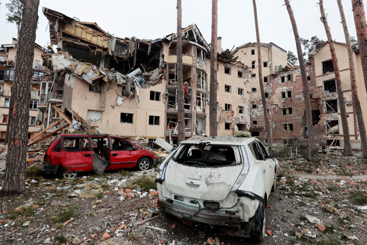 A view shows a residential building destroyed by recent shelling, as Russia's invasion of Ukraine continues, in the city of Irpin in the Kyiv region