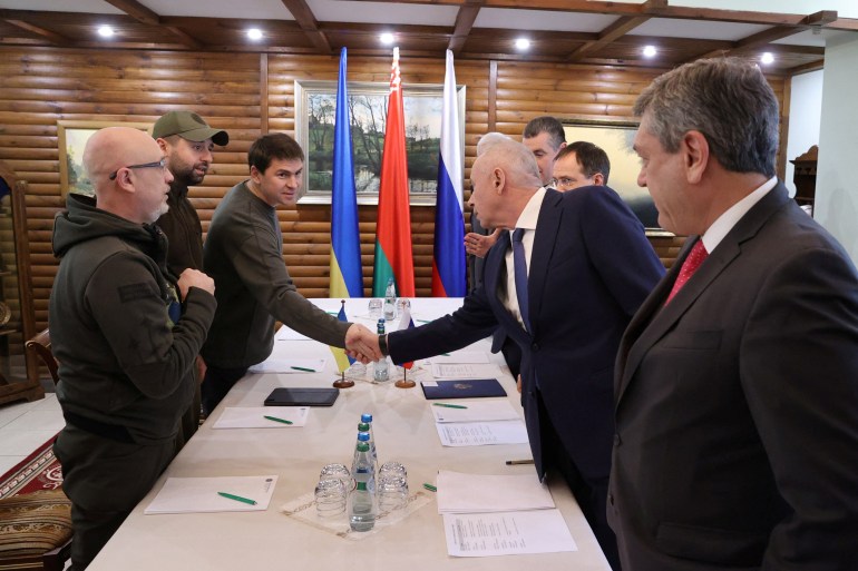 Russian and Ukrainian officials take part in the talks in the Brest region, Belarus