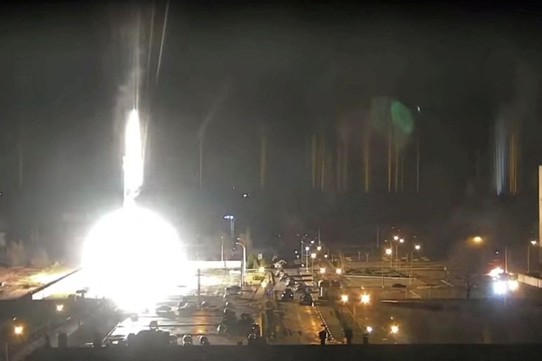 Surveillance camera footage shows a flare landing at the Zaporizhzhia nuclear power plant during shelling in Enerhodar, Zaporizhia Oblast, Ukraine March 4, 2022,