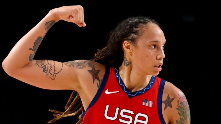 Brittney Griner of the United States gestures during a game against Australia at Saitama Super Arena in their Tokyo 2020 Olympic women's basketball quarterfinal game in Saitama, Japan