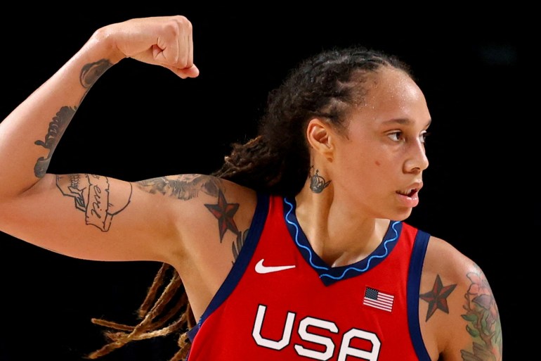 Brittney Griner of the United States gestures during a game against Australia at Saitama Super Arena in their Tokyo 2020 Olympic women's basketball quarterfinal game in Saitama, Japan