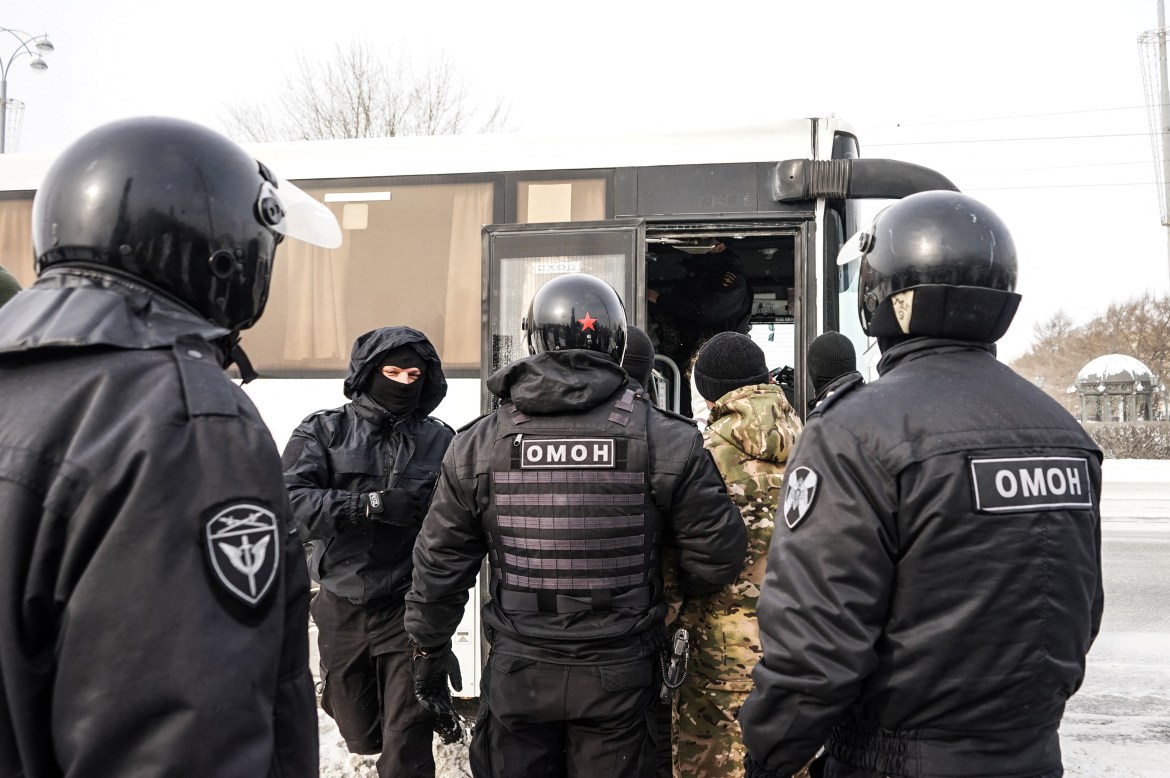 Law enforcement officers are seen during an anti-war protest, following Russia's invasion of Ukraine, in Yekaterinburg