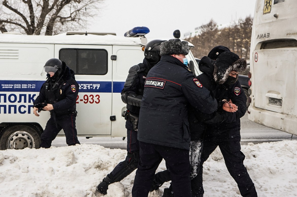 A person is arrested during an anti-war protest, following Russia's invasion of Ukraine, in Yekaterinburg