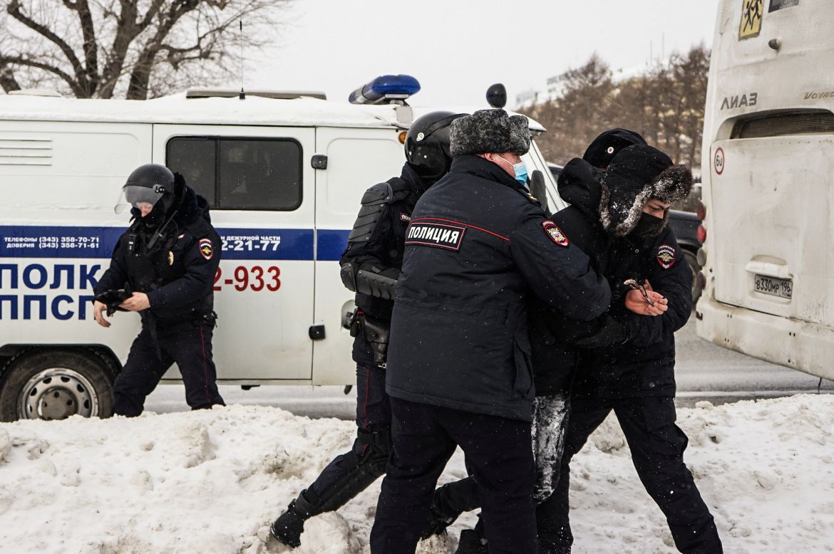 A person is arrested during an anti-war protest, following Russia's invasion of Ukraine, in Yekaterinburg