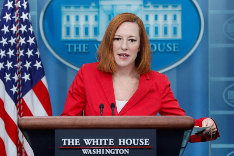 US White House Press Secretary Jen Psaki holds the daily press briefing at the White House in Washington, US March 7, 2022.