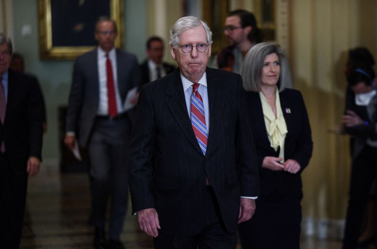 US Senate Minority Leader Mitch McConnell arrives to face reporters questions following the Senate Republicans weekly policy lunch at the US Capitol on March 8 