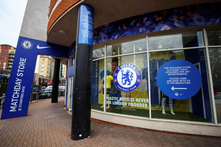 A shop selling the merchandise of Chelsea Football Club is seen closed at Stamford Bridge after the UK imposed sanctions on its Russian owner, Roman Abramovich