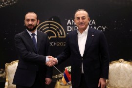 Turkish Foreign Minister Mevlut Cavusoglu meets with his Armenian counterpart Ararat Mirzoyan