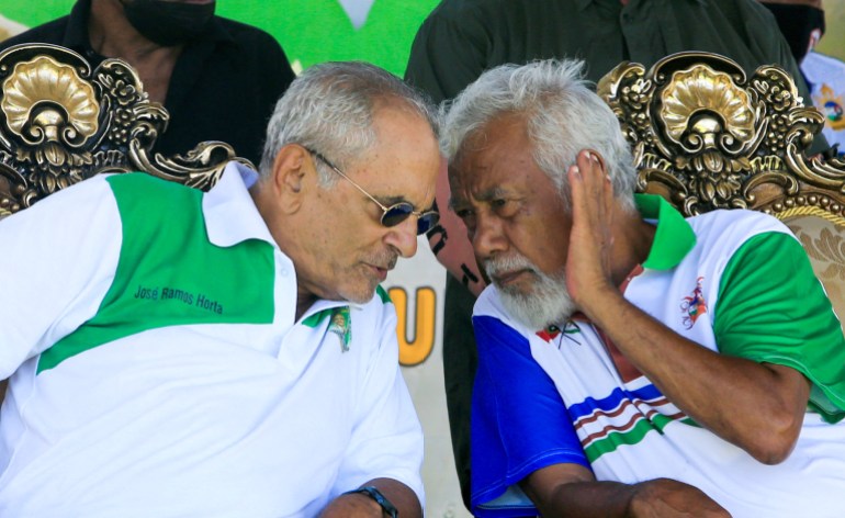 Former East Timor's leader and Nobel laureate Jose Ramos-Horta, who is the presidential candidate of East Timor, talks to Former president of East Timor Xanana Gusmao, on the campaign trail