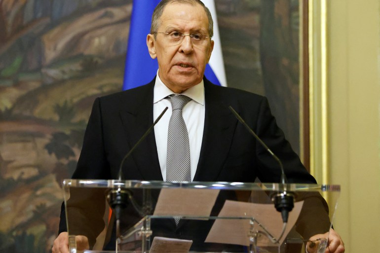 Russian foreign minister Sergey Lavrov attends a joint news conference with Iranian foreign minister Hossein Amir-Abdollahian in Moscow, Russia, March 15, 2022.