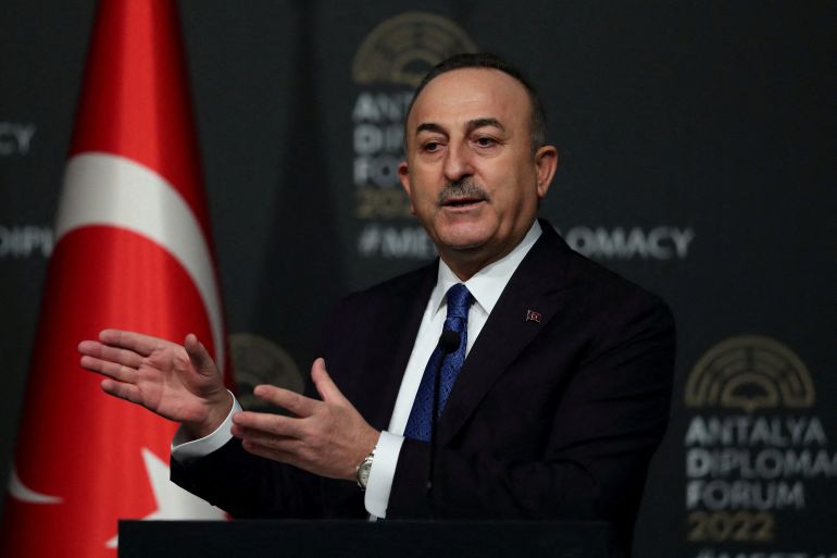 Turkish foreign minister Mevlut Cavusoglu speaks during a news conference