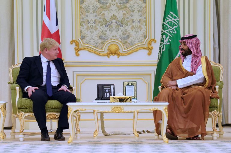 British Prime Minister Boris Johnson speaks with Saudi Crown Prince Mohammed bin Salman