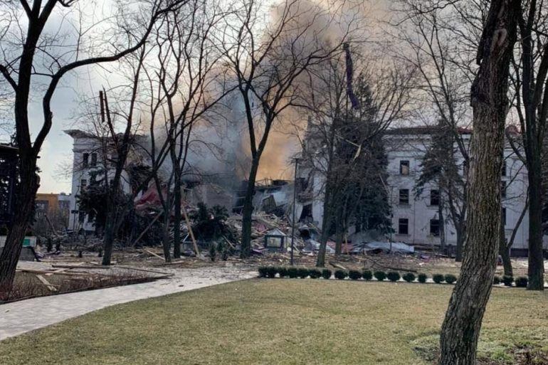 A view of the Donetsk Regional Theatre of Drama destroyed by an air raid.