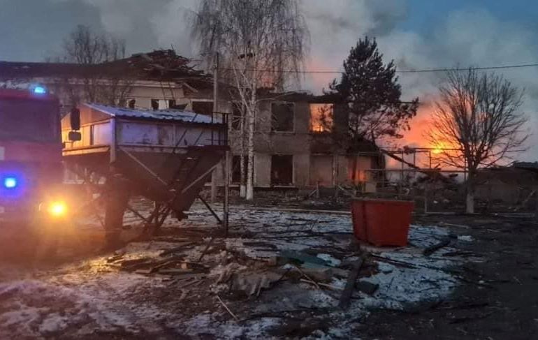A view shows a school building destroyed by an airstrike, as Russia's invasion of Ukraine continues, in the town of Merefa, in Kharkiv region, Ukraine, in this handout picture released March 17, 2022. Press service of the State Emergency Service of Ukraine/Handout via REUTERS ATTENTION EDITORS - THIS IMAGE HAS BEEN SUPPLIED BY A THIRD PARTY.