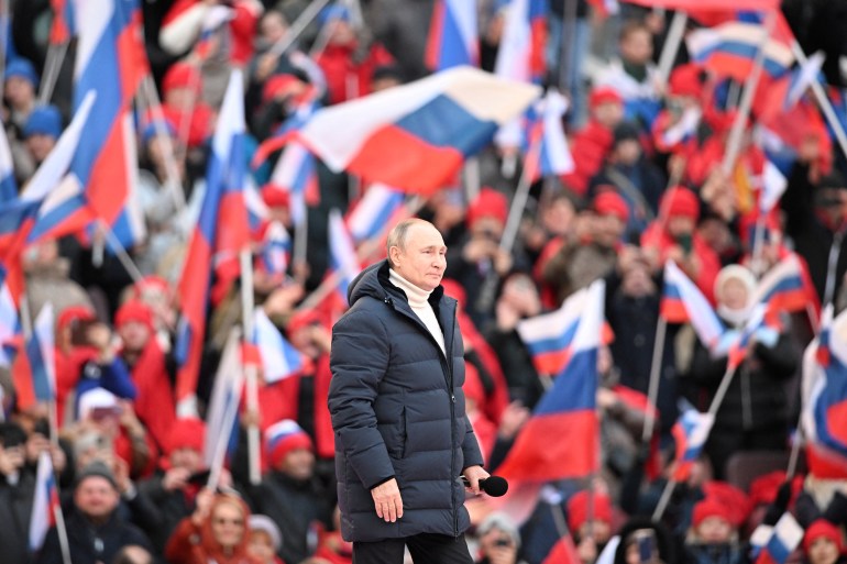 Russian President Vladimir Putin delivers a speech.