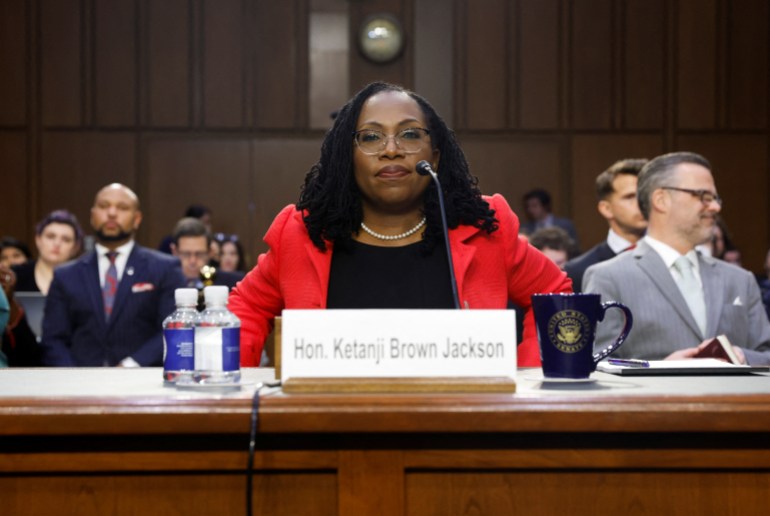 Judge Ketanji Brown Jackson testifies during her US Senate Judiciary Committee confirmation proceeding  connected  her information   to the Supreme Court.