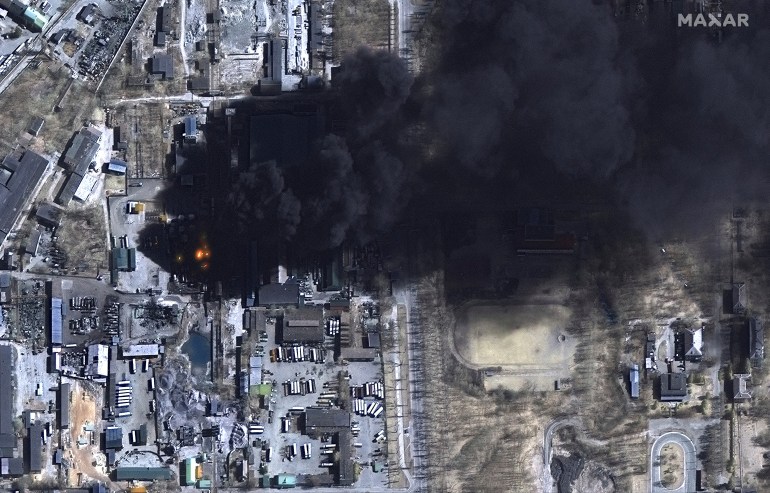 A satellite image shows closer multispectral image of burning oil storage tanks in Chernihiv, Ukraine, March 21, 2022. 