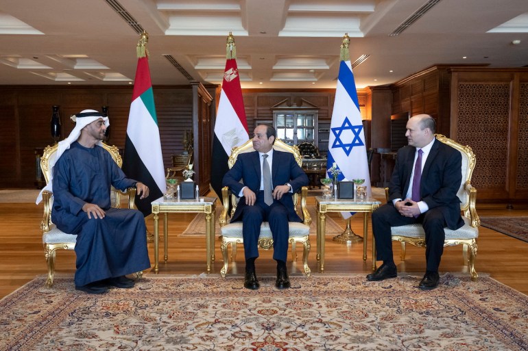 Egyptian President Abdel Fattah al-Sisi meets Abu Dhabi Crown Prince Sheikh Mohammed bin Zayed Al Nahyan and Israeli Prime Minister Naftali Bennett in Sharm El-Sheikh.