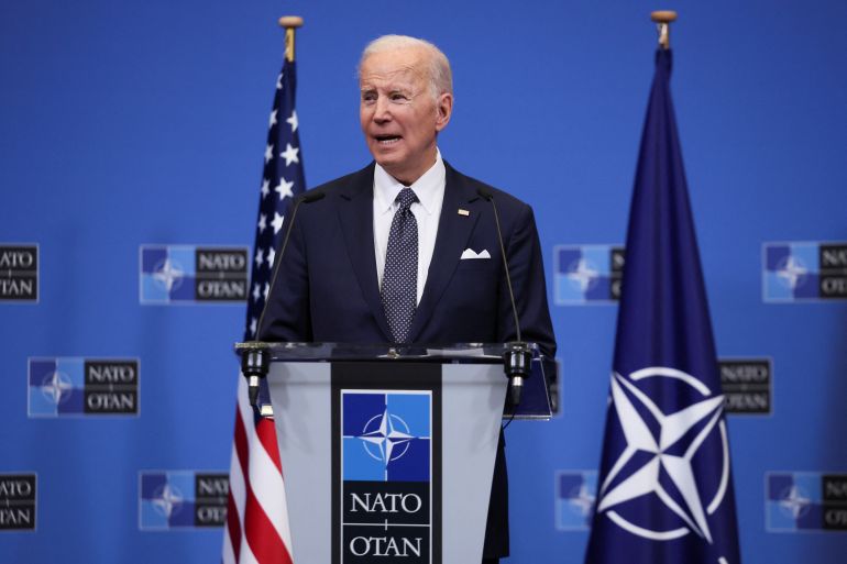 US President Joe Biden speaks a NATO summit in Brussels.