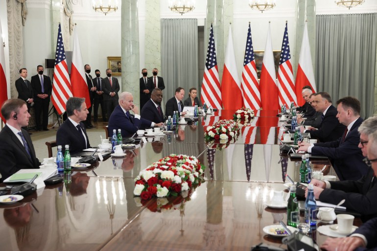 Polish President Andrzej Duda speaks during a bilateral meeting with the U.S. Delegation, including U.S. President Joe Biden (not pictured), amid Russia's invasion of Ukraine