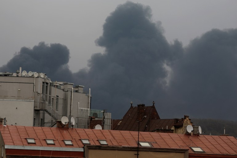 A smoke rises after explosions in Lviv, Ukraine 