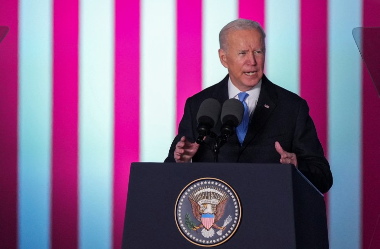 US President Joe Biden speaks during an event at the Royal Castle