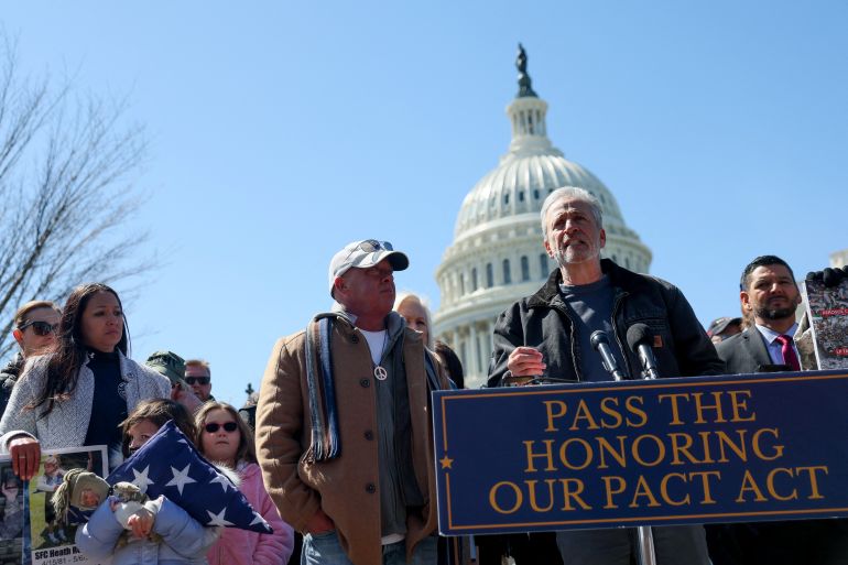 Veterans' Advocate Jon Stewart speaks at a press conference on the need to pass the Honoring Our PACT Act legislation to extend VA benefits to service members who have illnesses due to exposure to burn pits.