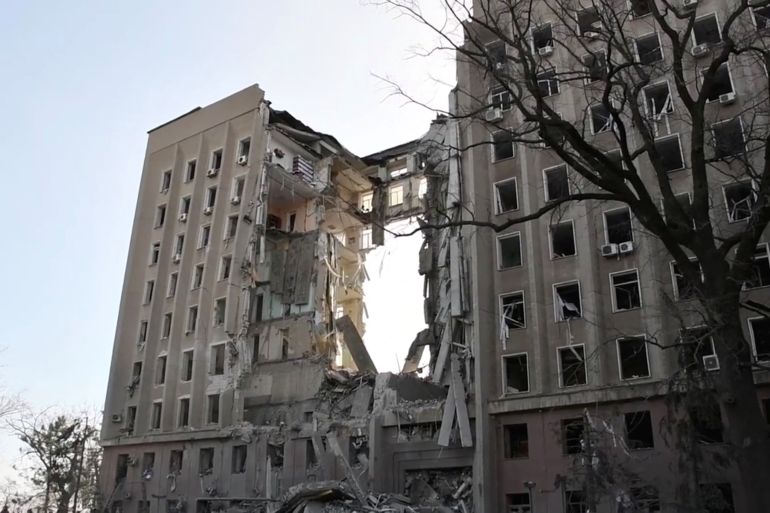 The regional administration building is seen damaged after it was hit by cruise missiles, as Russia's attack on Ukraine continues, in Mykolaiv, Ukraine in this still image taken from a video released