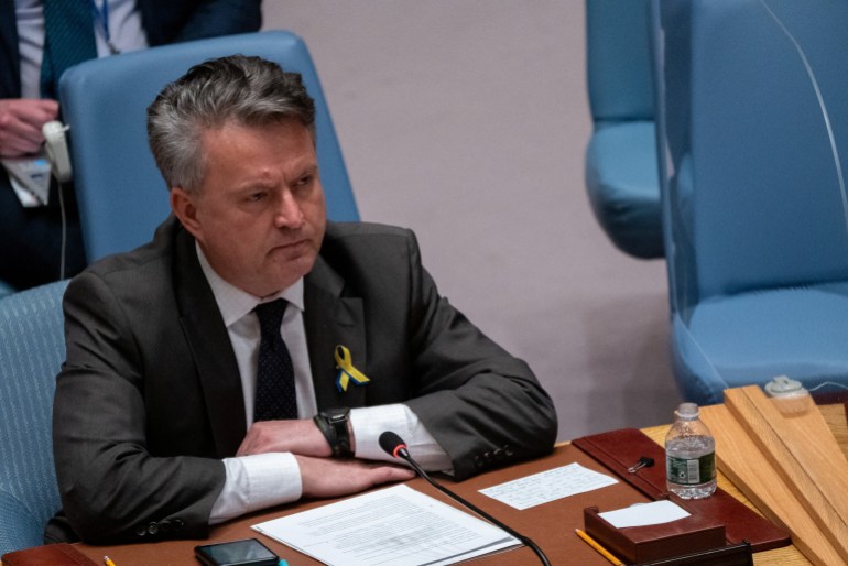 Ukrainian Ambassador to the U.N. Sergiy Kyslytsya attends a United Nations Security Council meeting, amid Russia's invasion of Ukraine, at the United Nations Headquarters in New York City, New York, U.S., March 29, 2022